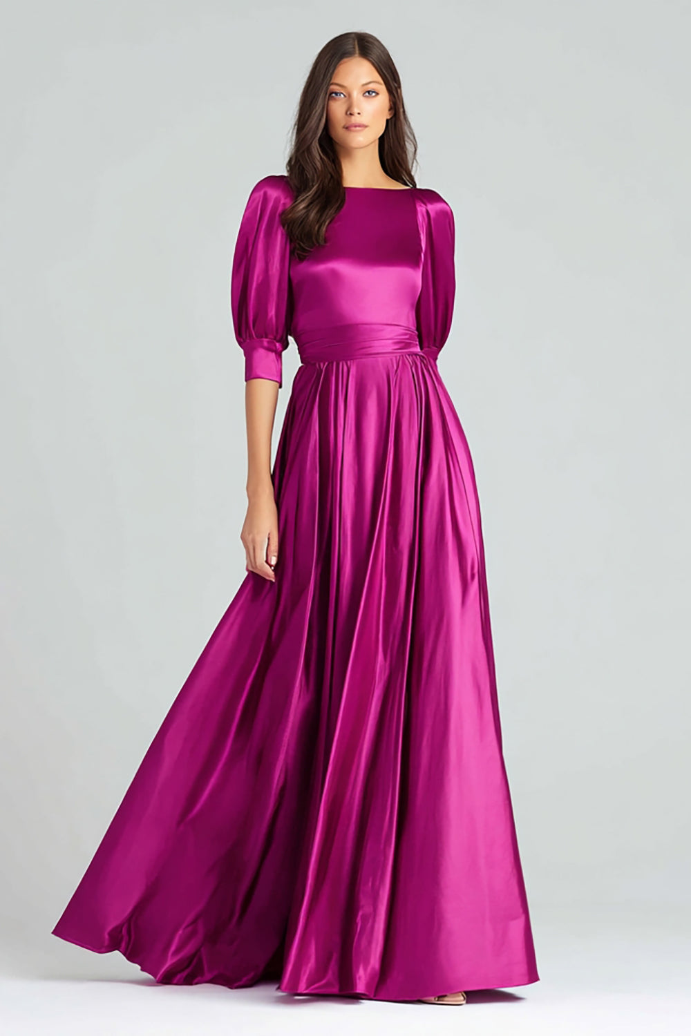 Fuchsia Satin Half-Sleeve A-Line Long Formal Dress