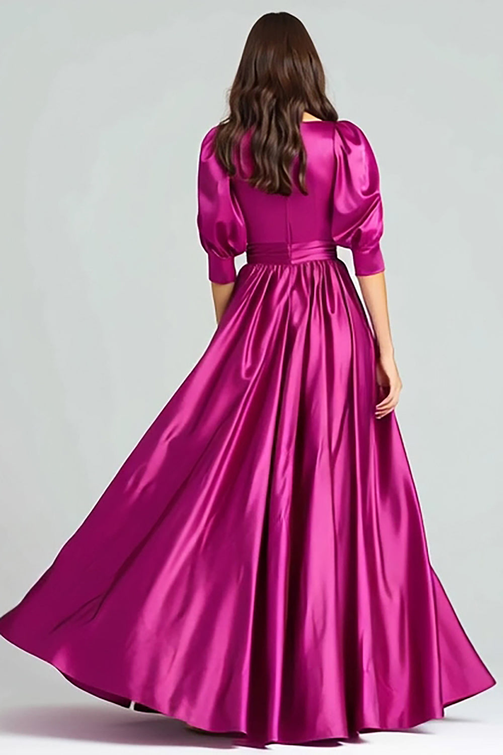 Fuchsia Satin Half-Sleeve A-Line Long Formal Dress