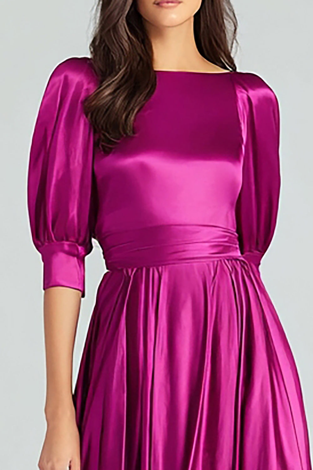 Fuchsia Satin Half-Sleeve A-Line Long Formal Dress