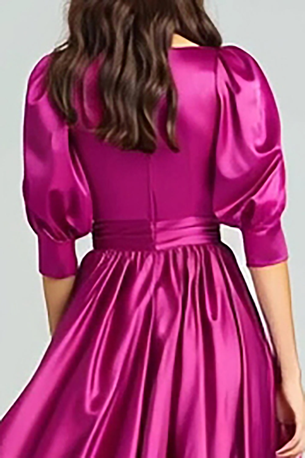 Fuchsia Satin Half-Sleeve A-Line Long Formal Dress