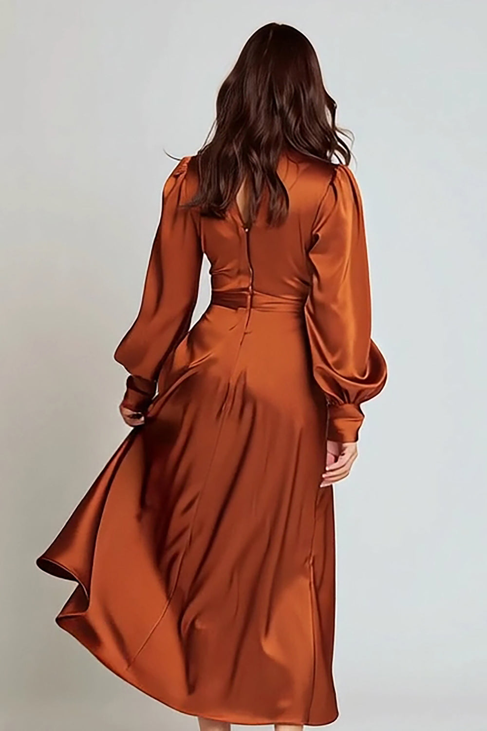 Rust Satin A Line V-Neck Midi Formal Dress