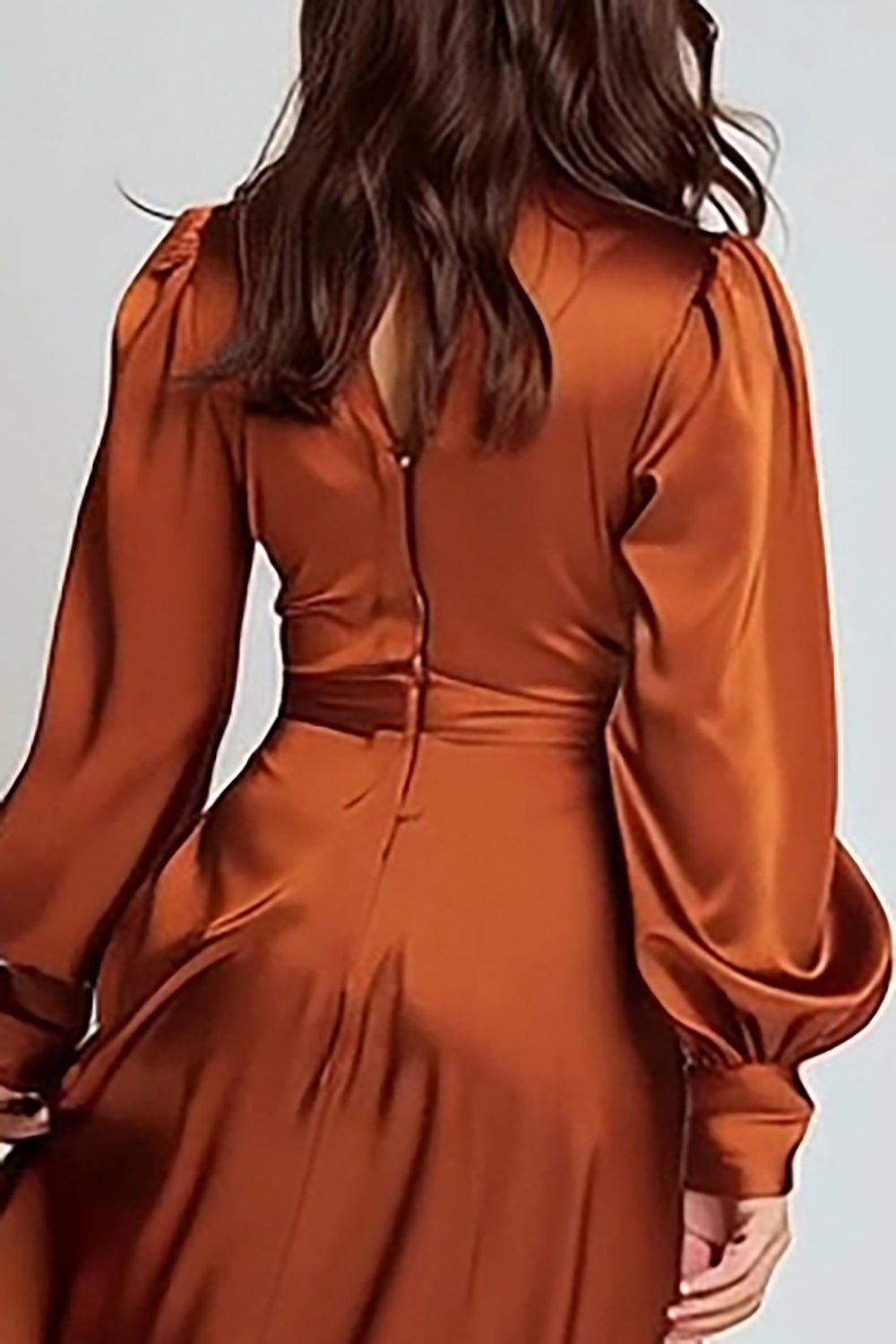 Rust Satin A Line V-Neck Midi Formal Dress