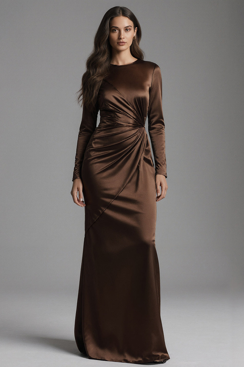 Coffee Sheath Satin Ruched Long Sleeves Formal Dress