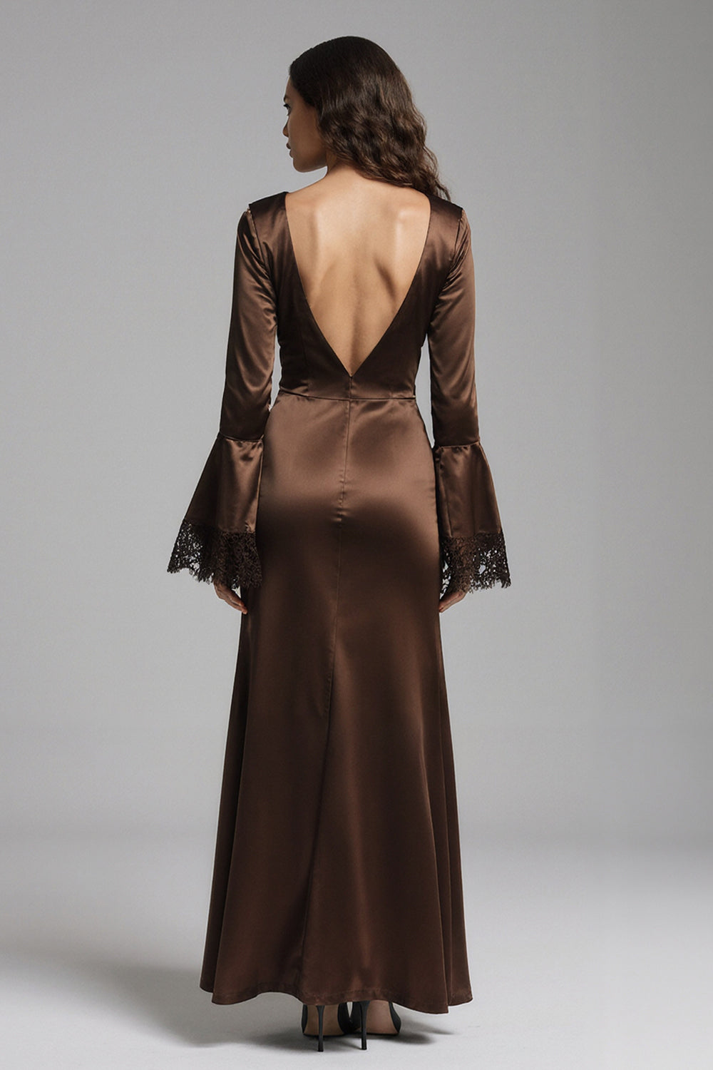 Coffee Satin V-Neck Long Sheath Formal Dress with Slit