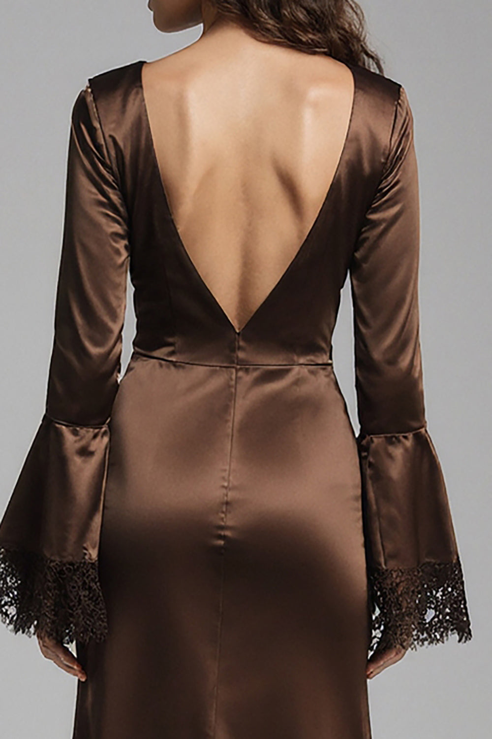 Coffee Satin V-Neck Long Sheath Formal Dress with Slit