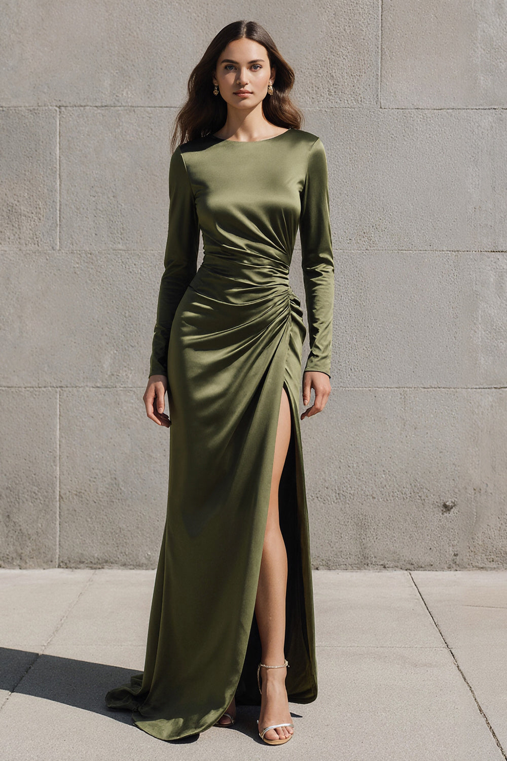 Olive Mermaid Satin Long-Sleeved Formal Dress with Slit