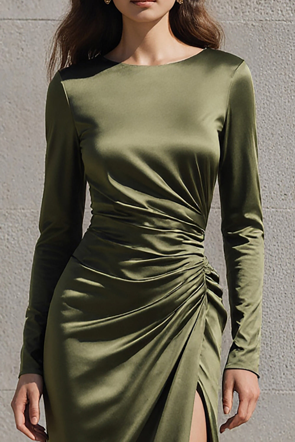 Olive Mermaid Satin Long-Sleeved Formal Dress with Slit