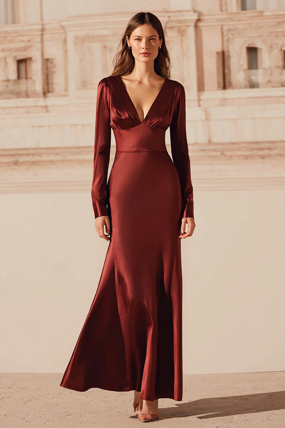 Borgoña satén sirena escote en V vestido largo formal