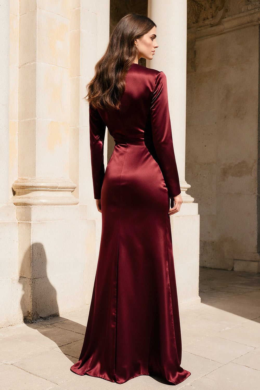 Burgundy Satin V-Neck Long-Sleeve Formal Dress