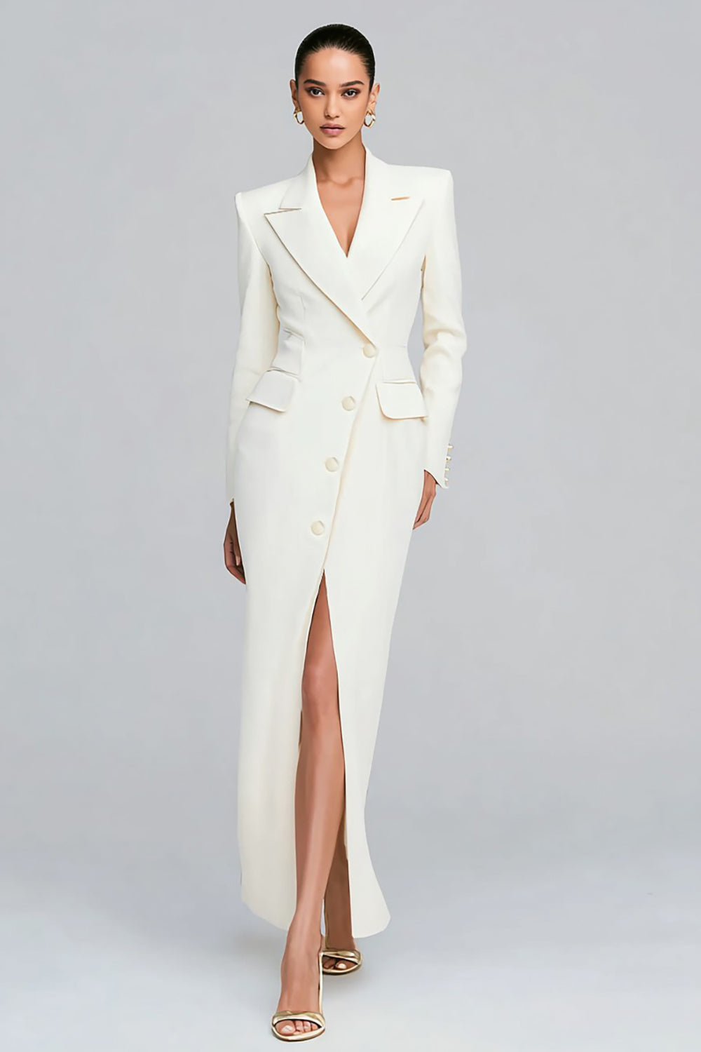White Peak Lapel Sheath Long Sleeve Blazer Dress with Slit