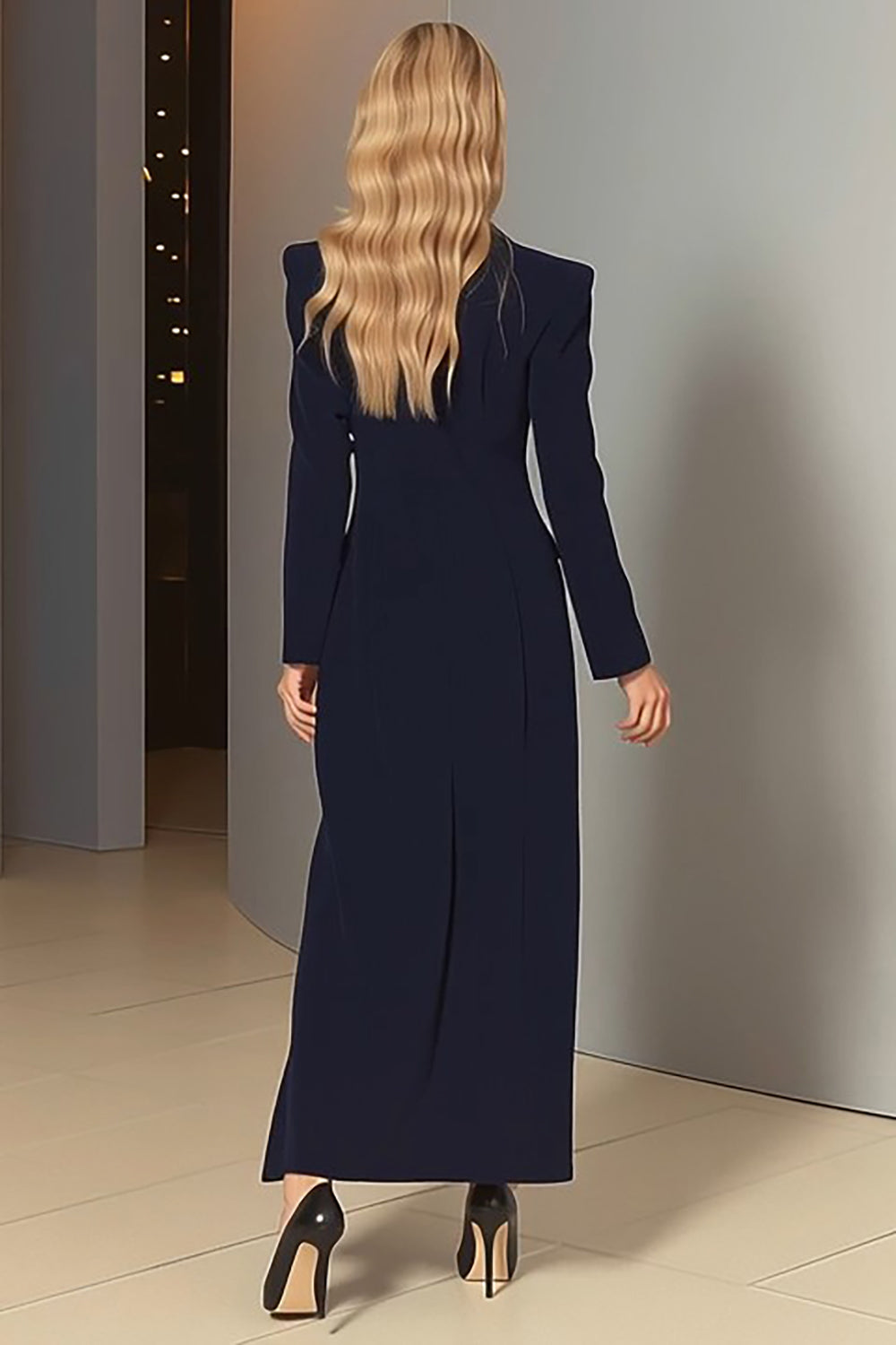 Navy Peak Lapel Sheath Long Sleeve Blazer Dress
