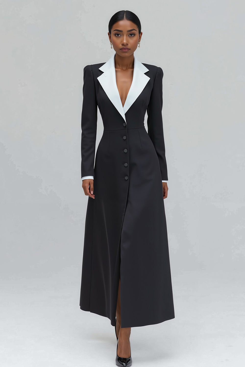 Black Notched Lapel Single-Breasted A-Line Blazer Dress