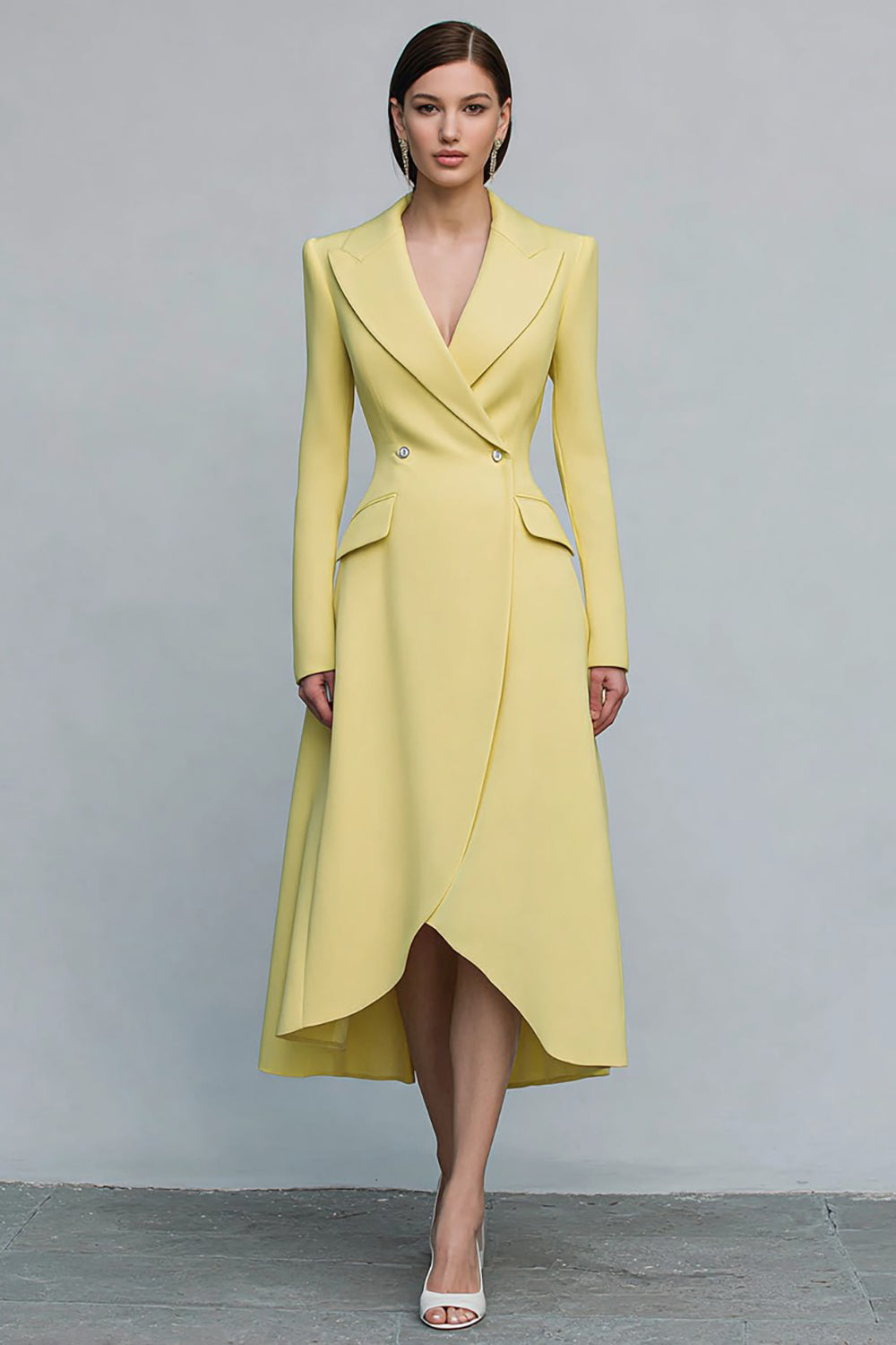 Yellow Peak Lapel A Line Long Sleeve Work Dress