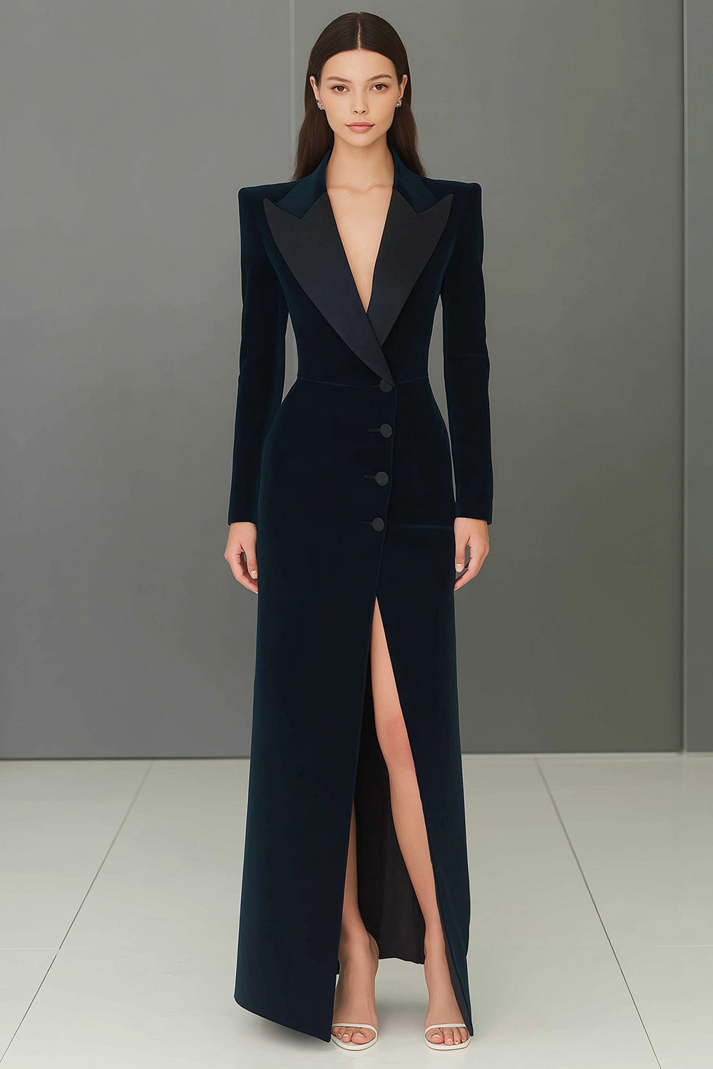 Navy Peak Lapel Single-breasted Blazer Dress with Slit