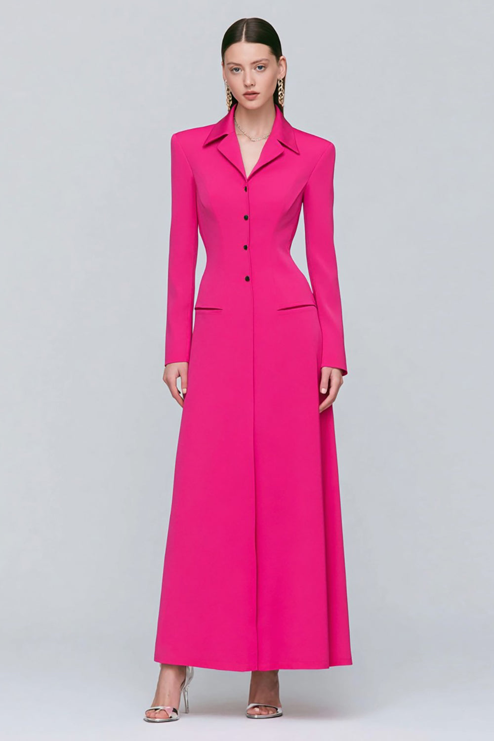 Robe blazer trapèze à revers crantés et simple boutonnage fuchsia