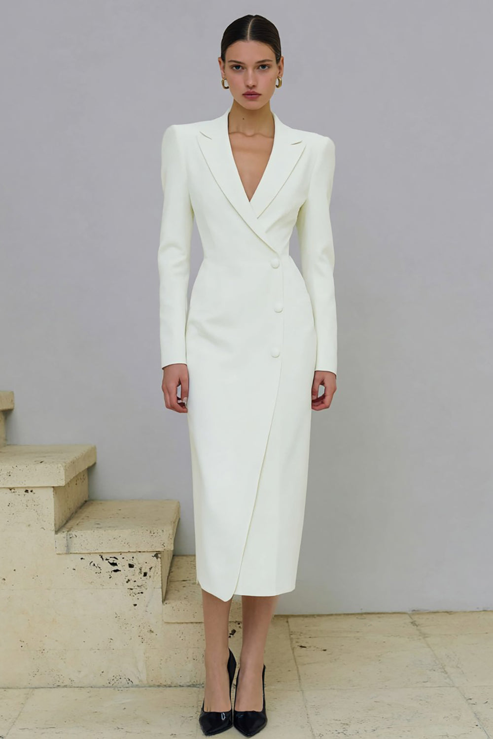 Ivory Notched Lapel Single-breasted Work Dress