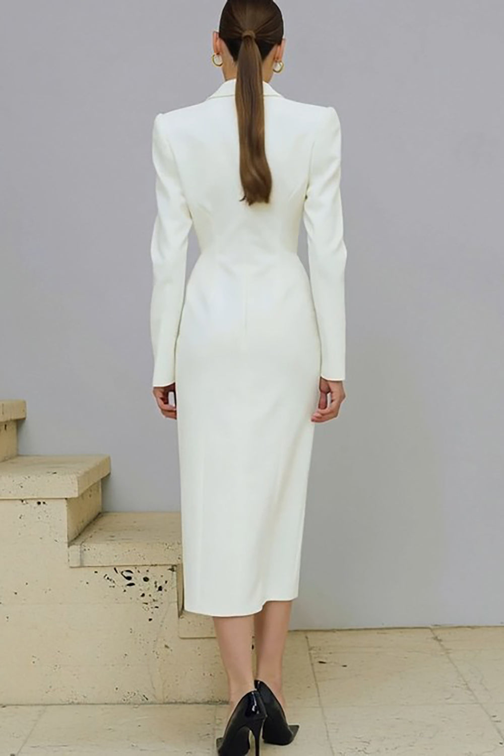 Ivory Notched Lapel Single-breasted Work Dress