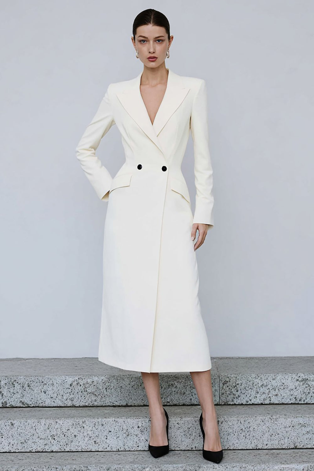 Ivory Sheath Peak Lapel Long Sleeve Work Dress