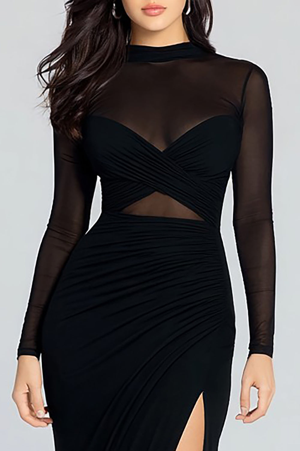 Robe de soirée noire fourreau à col montant, manches longues et fente