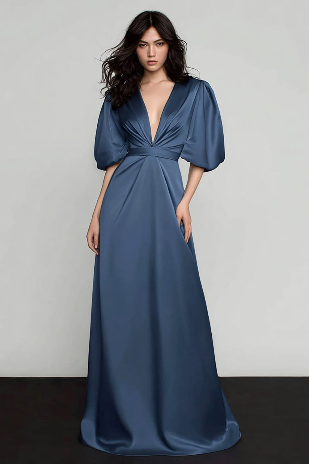 Dark Blue A-Line Satin V-Neck Puff Sleeve Formal Dress