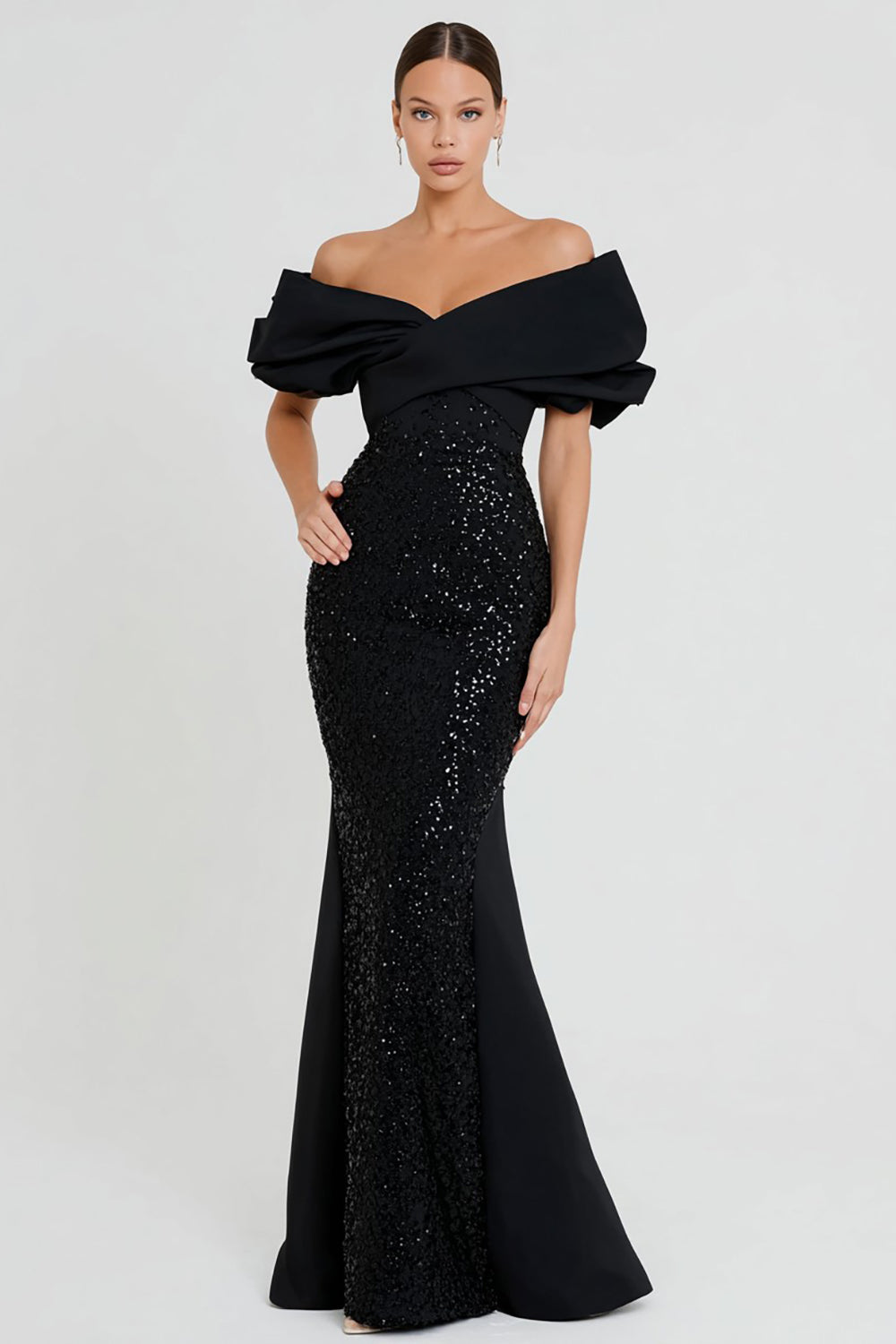 Off-the-Shoulder Black Sequin Mermaid Long Formal Dress