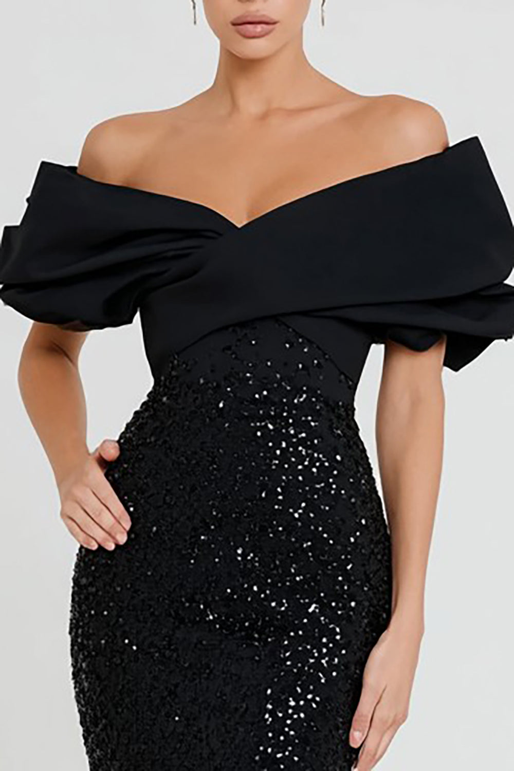 Off-the-Shoulder Black Sequin Mermaid Long Formal Dress
