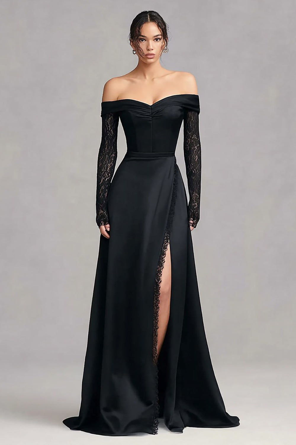 Black Off-the-Shoulder Mermaid Satin Formal Dress with Long Sleeves