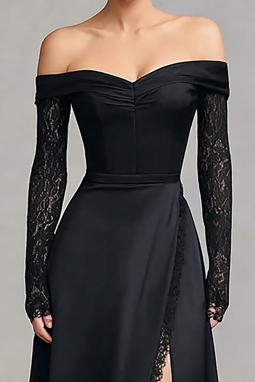 Black Off-the-Shoulder Mermaid Satin Formal Dress with Long Sleeves