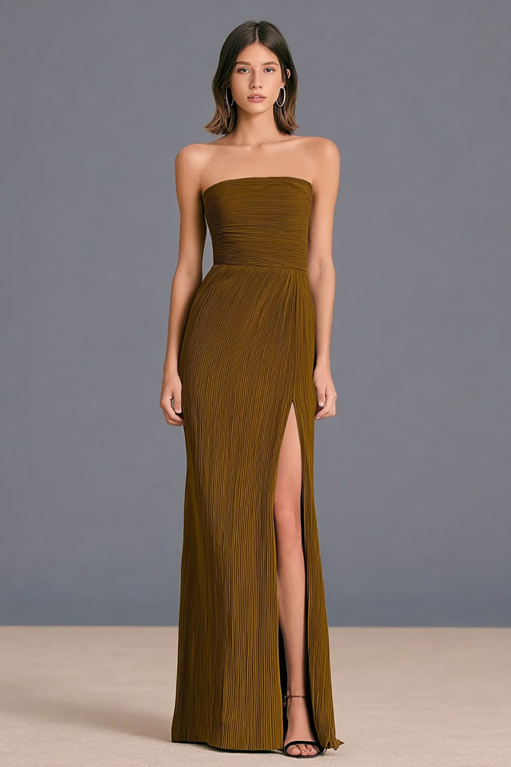 Brown Strapless Sheath Pleated Long Formal Dress with Slit