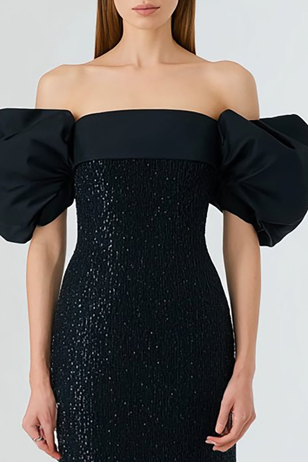 Black Off the Shoulder Mermaid Sequin Puff Sleeve Long Formal Dress