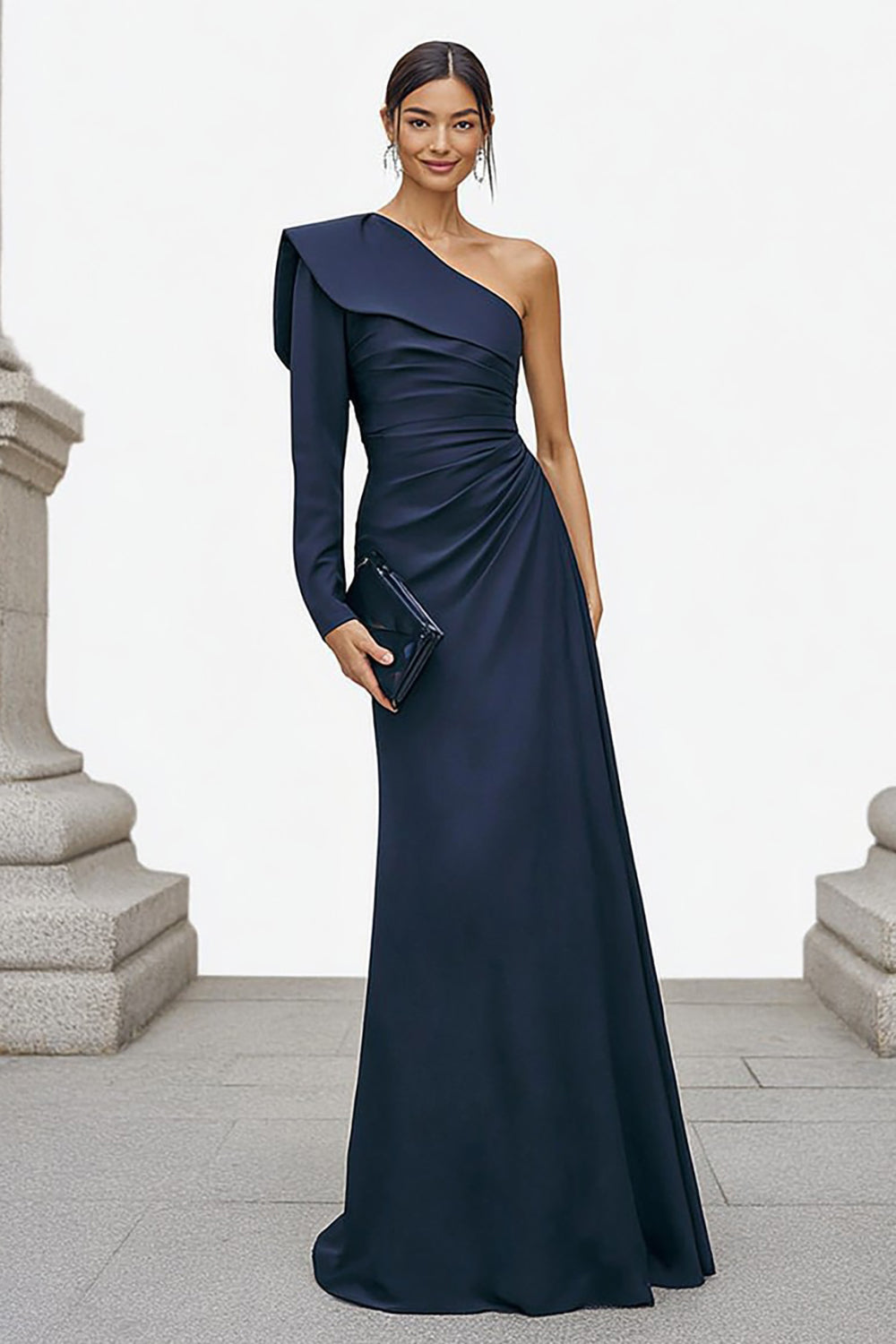 Navy One-Shoulder Mermaid Long-Sleeve Formal Dress