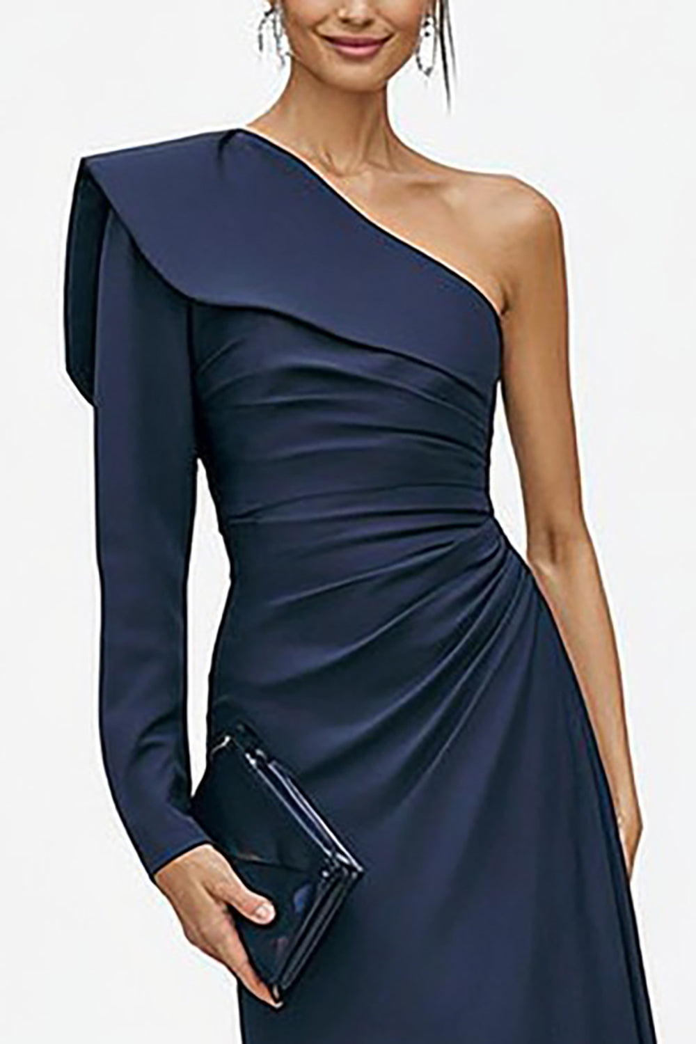Navy One-Shoulder Mermaid Long-Sleeve Formal Dress