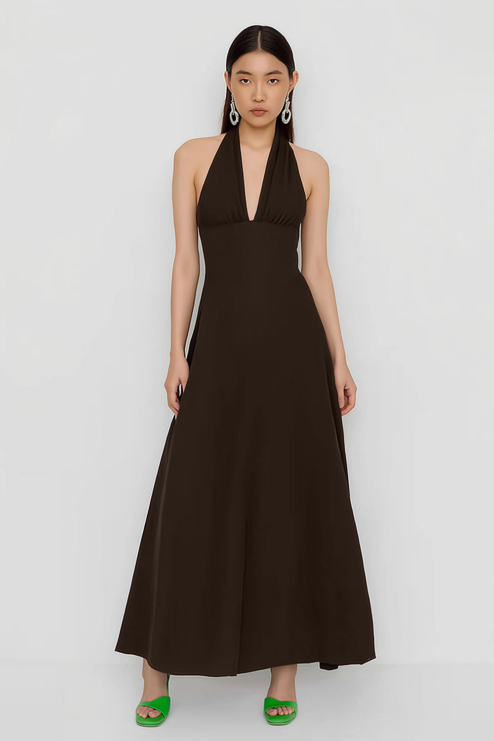Coffee A-Line Halter Satin Open Back Long Wedding Guest Dress