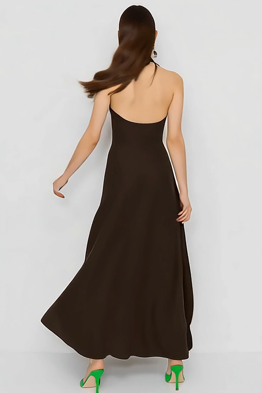 Coffee A-Line Halter Satin Open Back Long Wedding Guest Dress