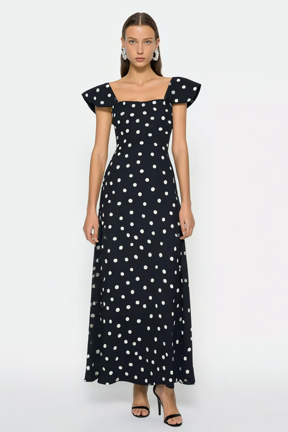 Black and White A-Line Flutter Sleeves Long Polka Dot Dress