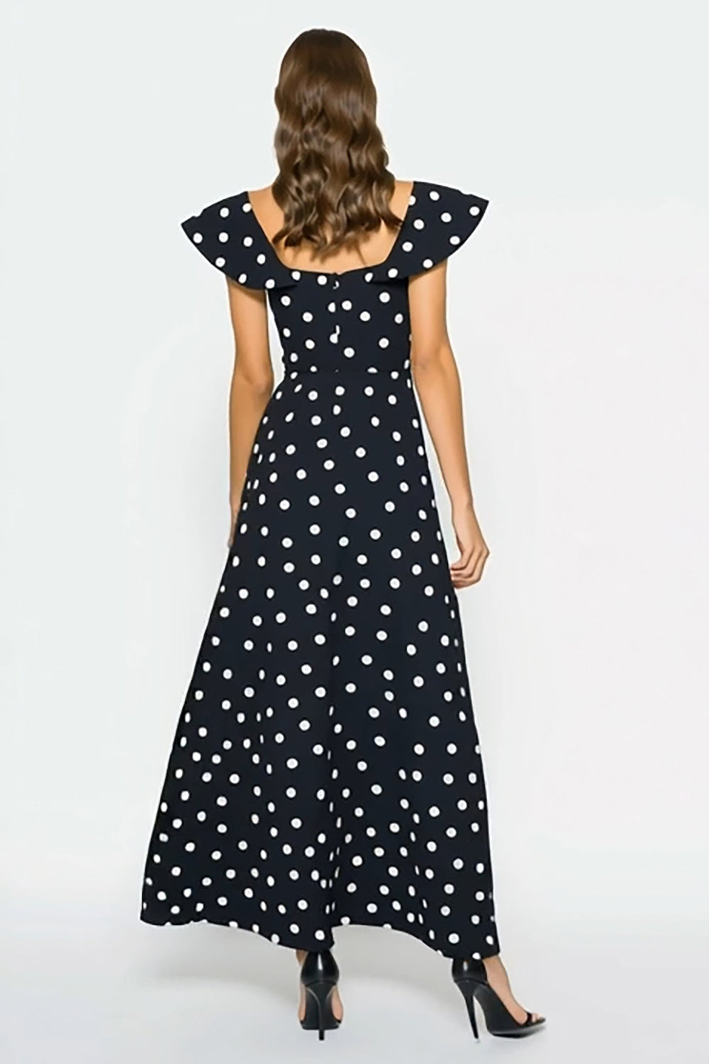 Black and White A-Line Flutter Sleeves Long Polka Dot Dress
