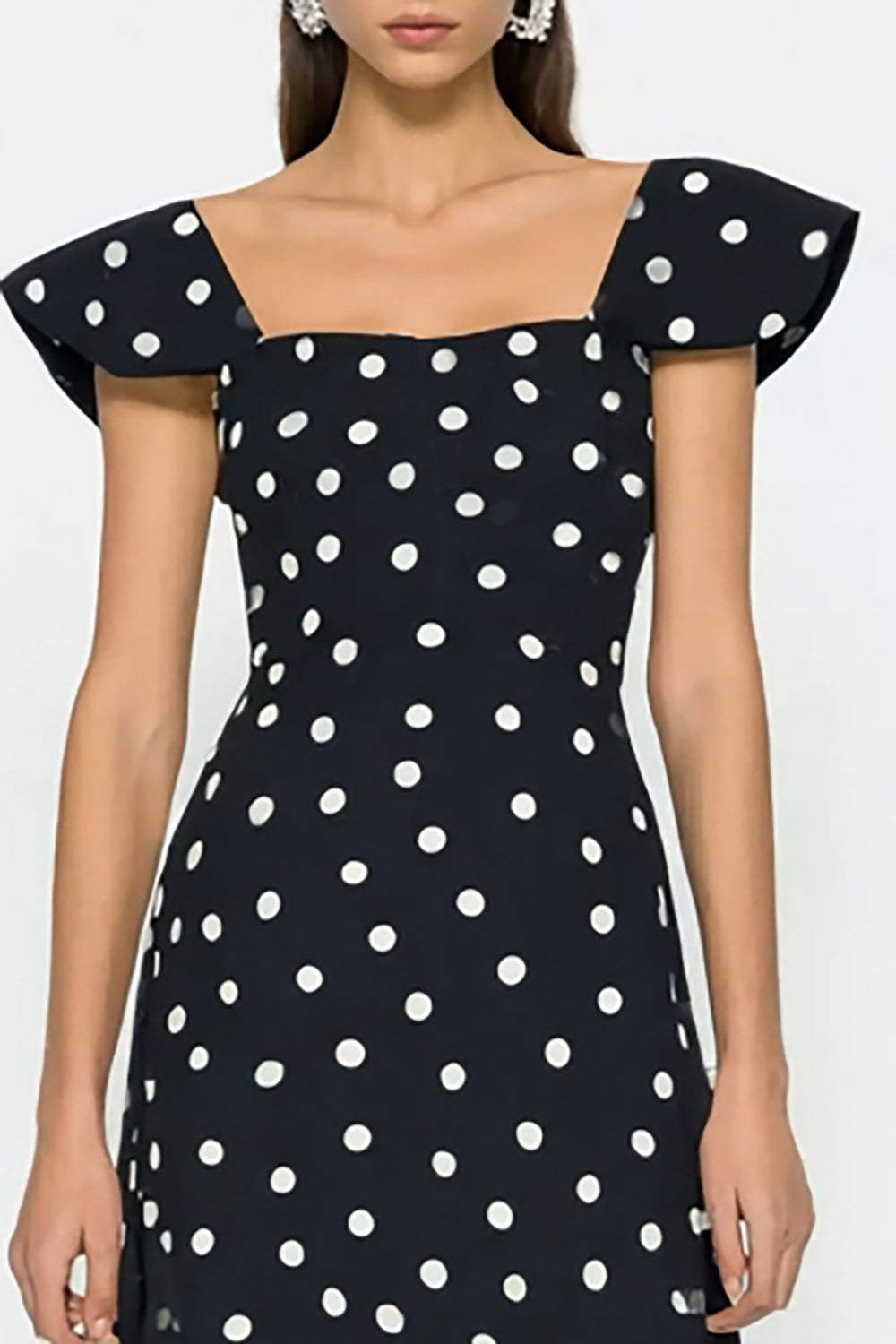 Black and White A-Line Flutter Sleeves Long Polka Dot Dress