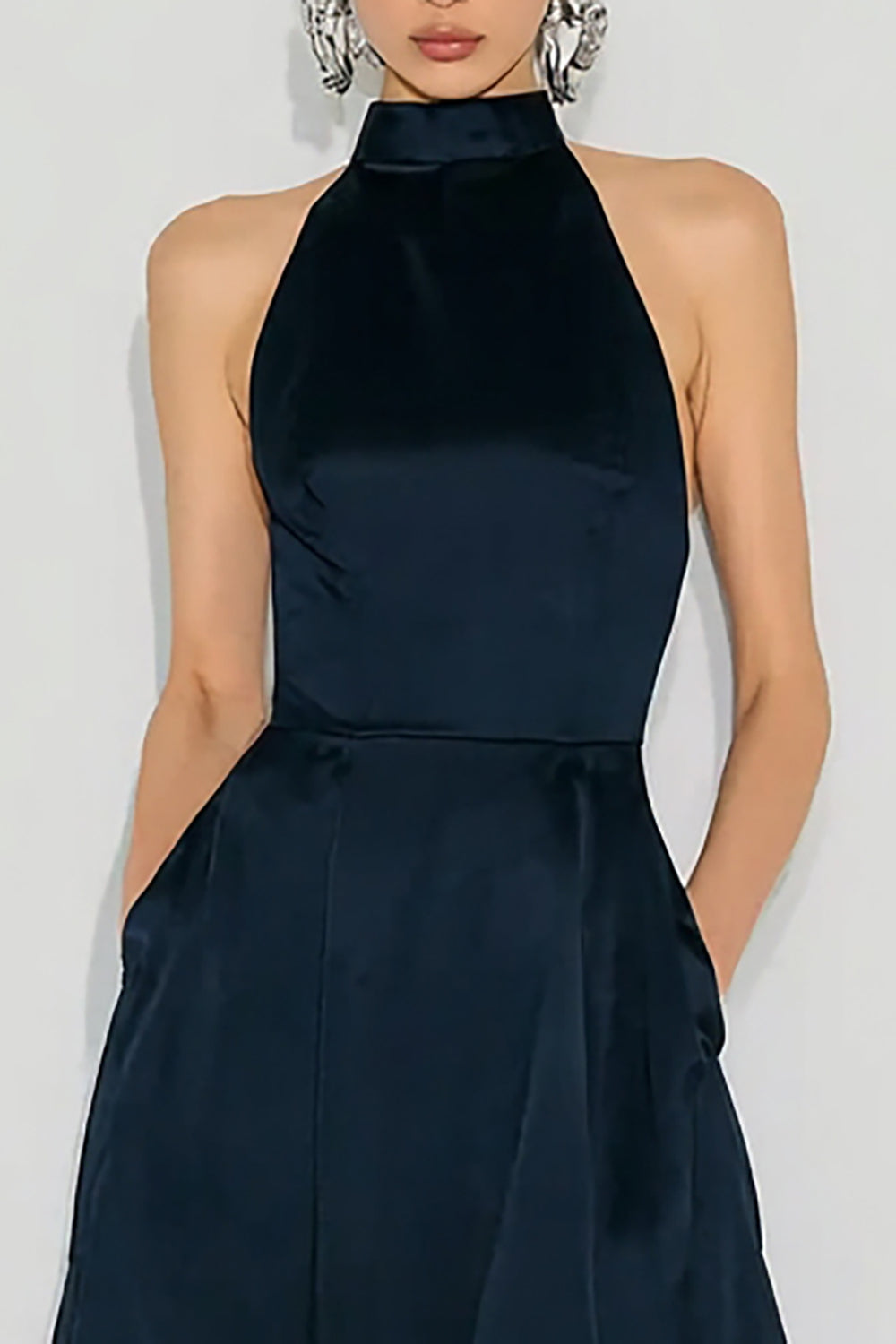 Halter Navy A-Line Long Satin Dress with Pockets