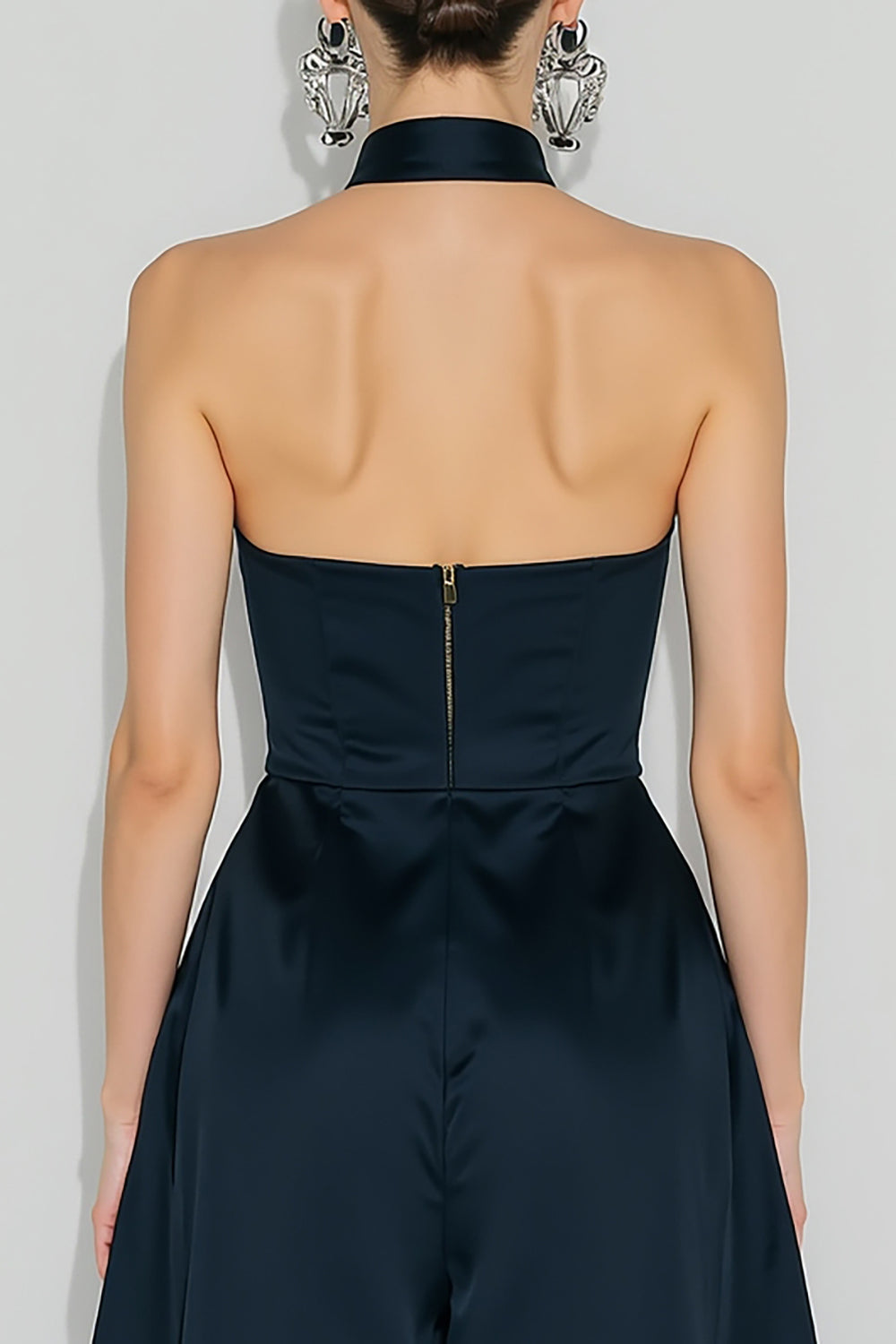 Halter Navy A-Line Long Satin Dress with Pockets