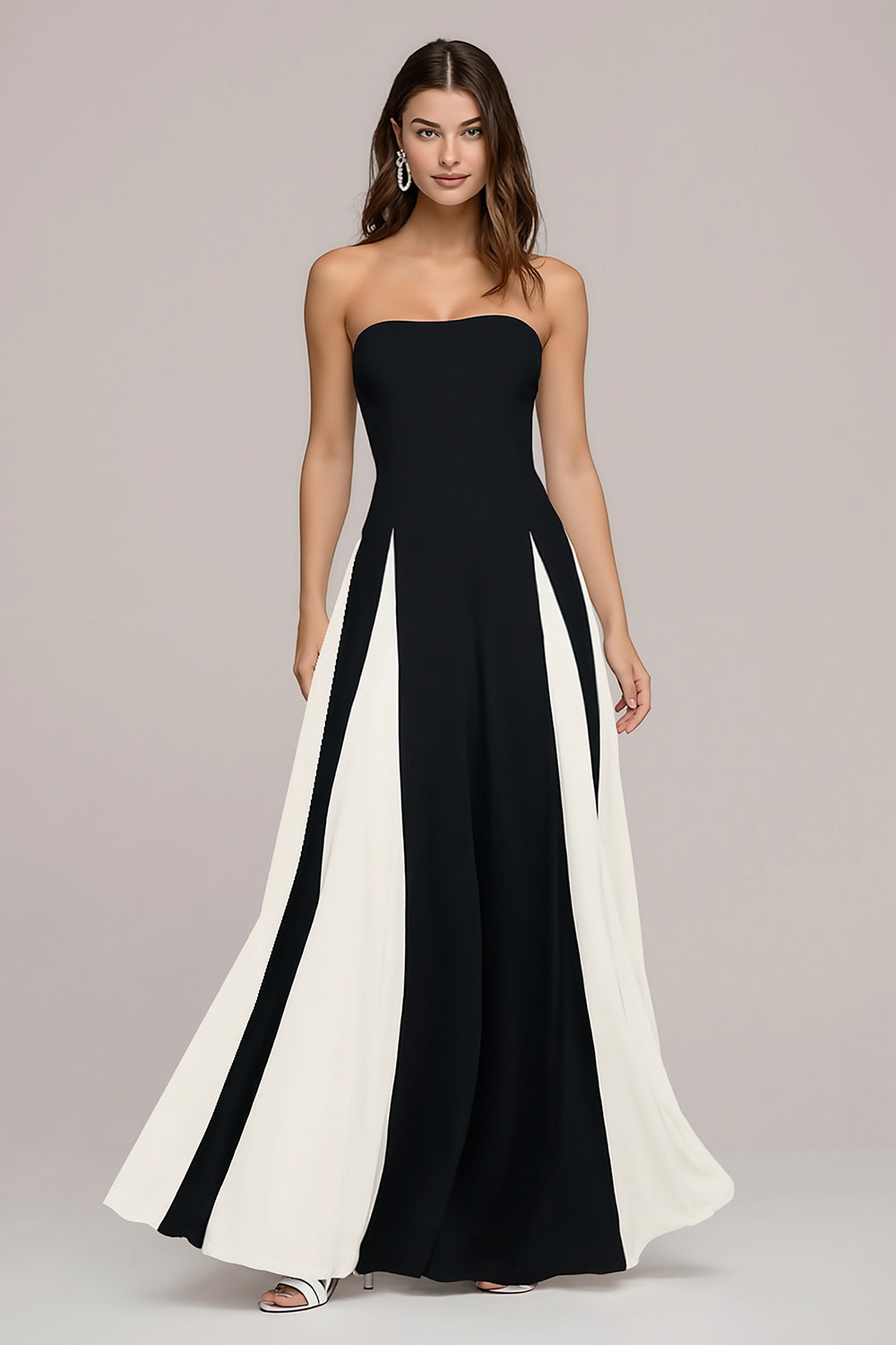 Elegant Black and White A-Line Strapless Maxi Dress