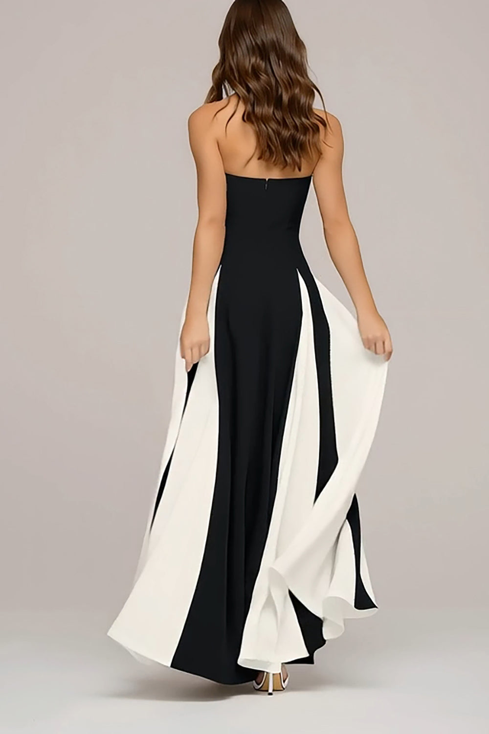 Elegant Black and White A-Line Strapless Maxi Dress