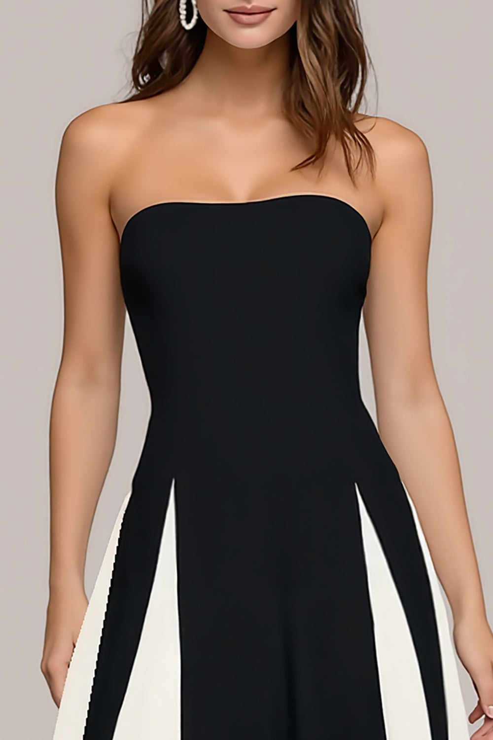 Elegant Black and White A-Line Strapless Maxi Dress