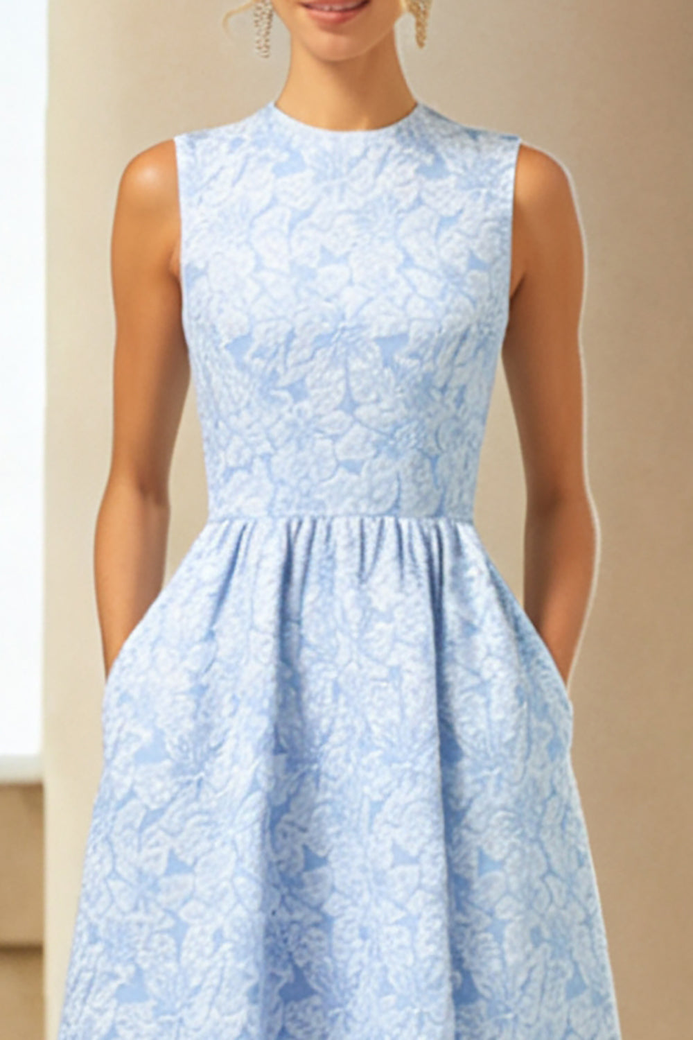 Robe longue évasée bleue en jacquard floral avec poches