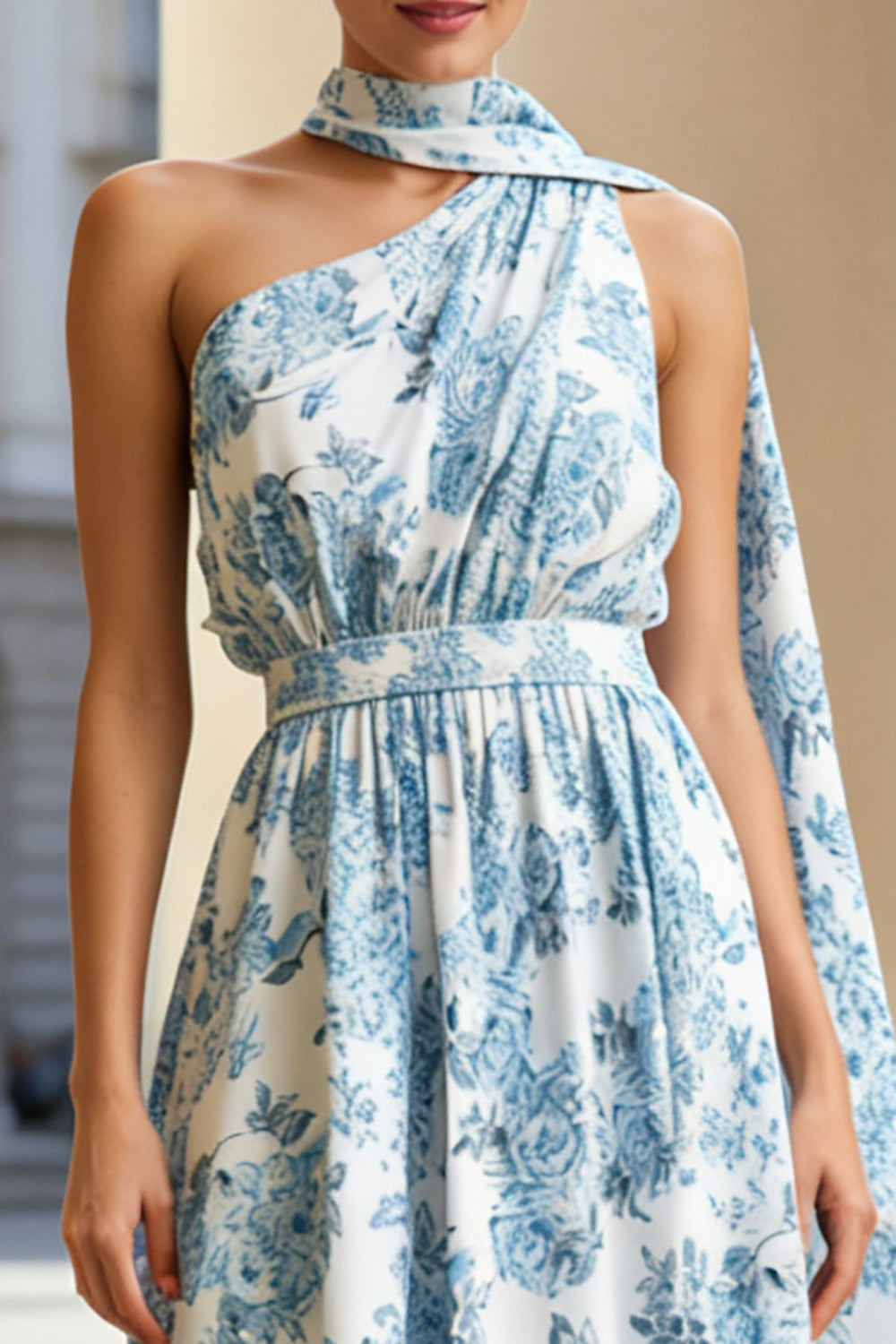 Robe convertible imprimée asymétrique ligne A avec fleur blanche et bleue et streamer