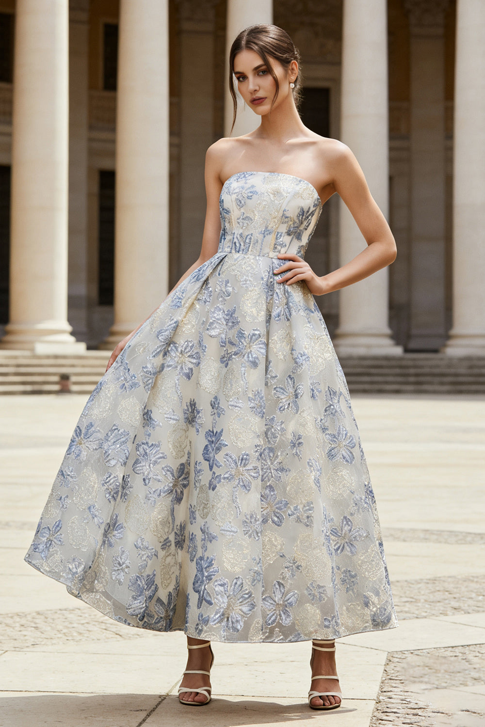 Dusty Blue Strapless A-Line Corset Midi Jacquard Dress