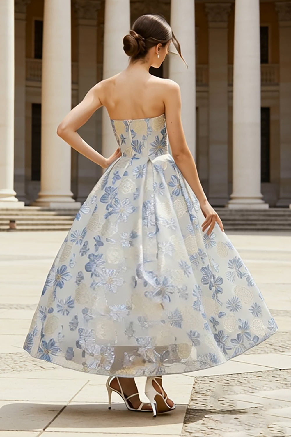 Dusty Blue Strapless A-Line Corset Midi Jacquard Dress