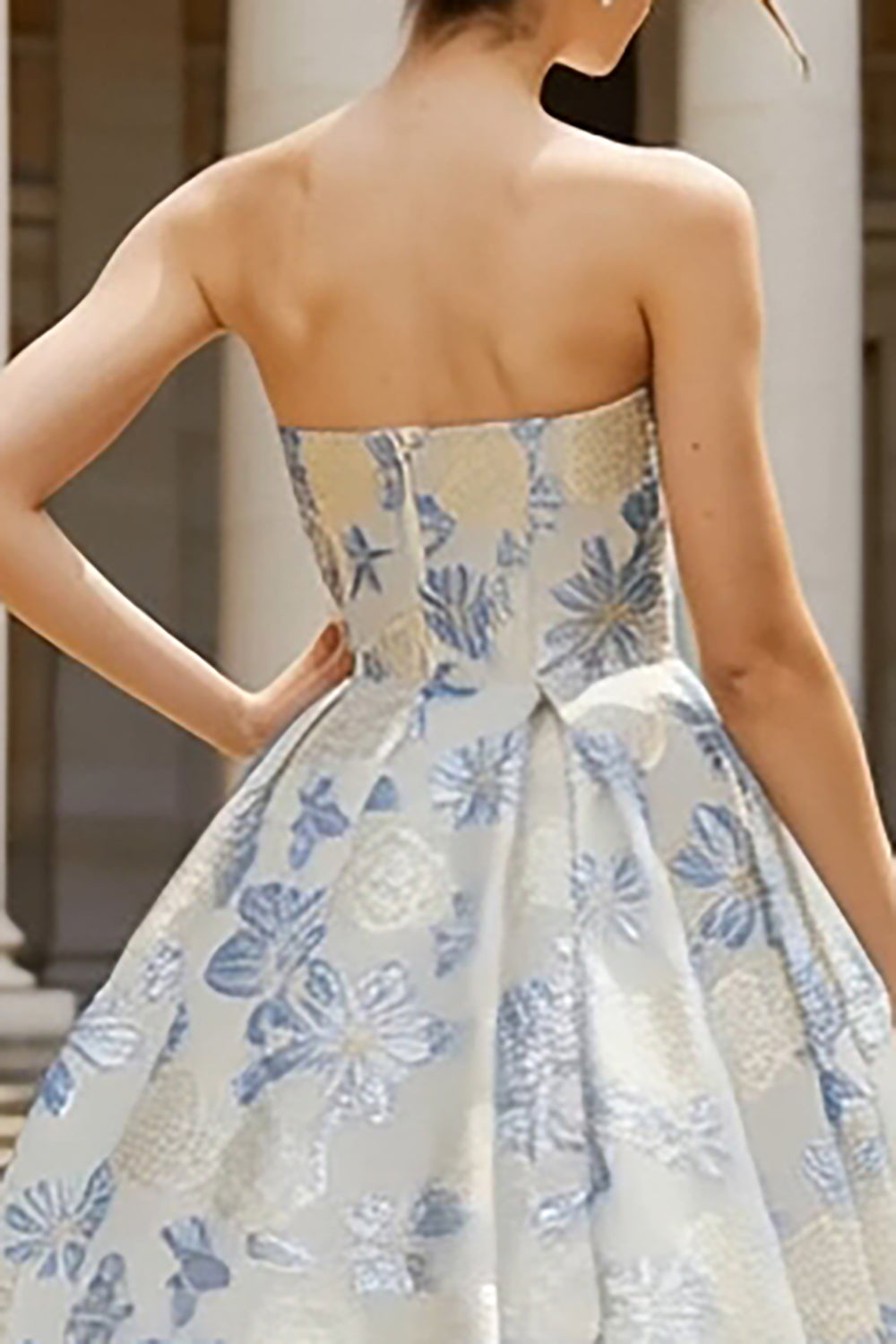 Dusty Blue Strapless A-Line Corset Midi Jacquard Dress