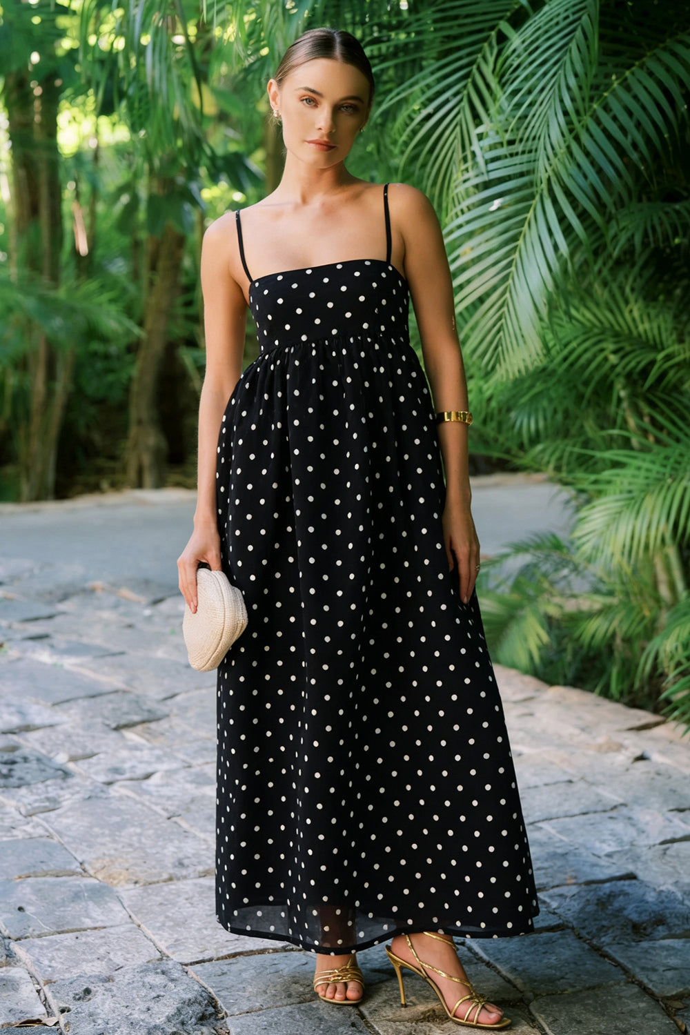 Simple A-Line Spaghetti Straps Long Black and White Polka Dot Dress