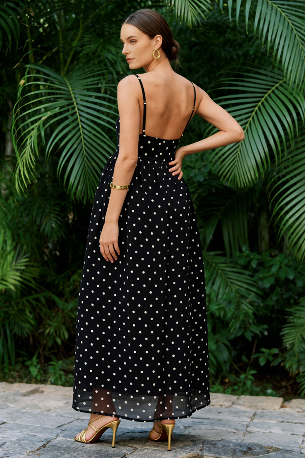 Simple A-Line Spaghetti Straps Long Black and White Polka Dot Dress