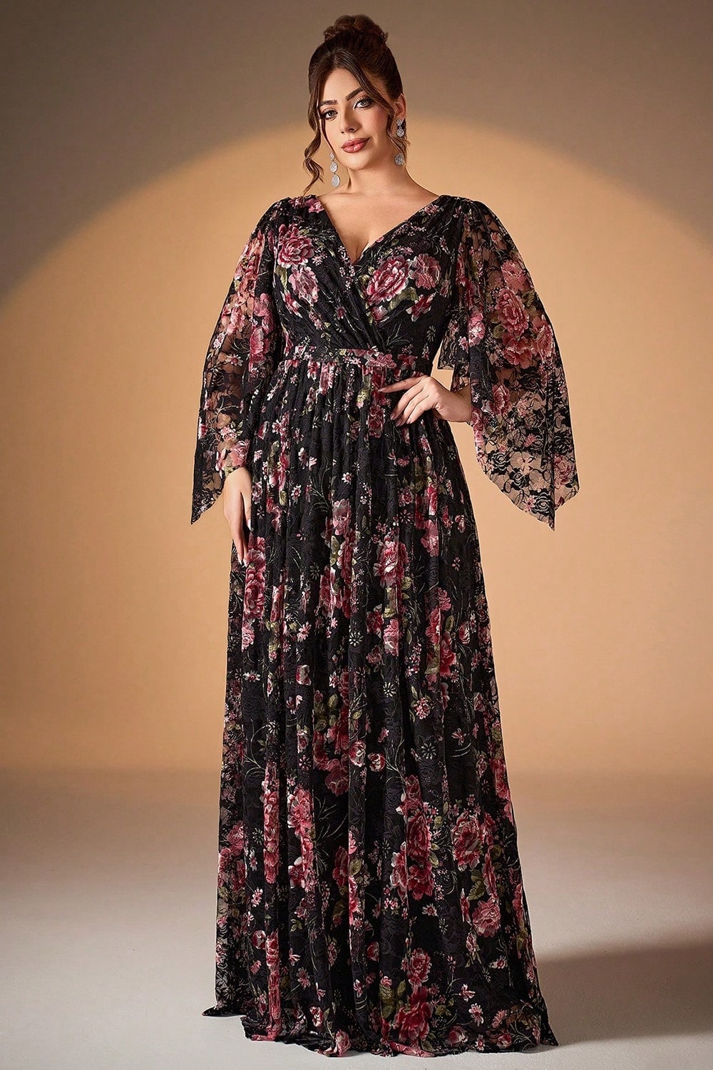 Black Pink Floral A Line Long Sleeve Mother of the Bride Dress